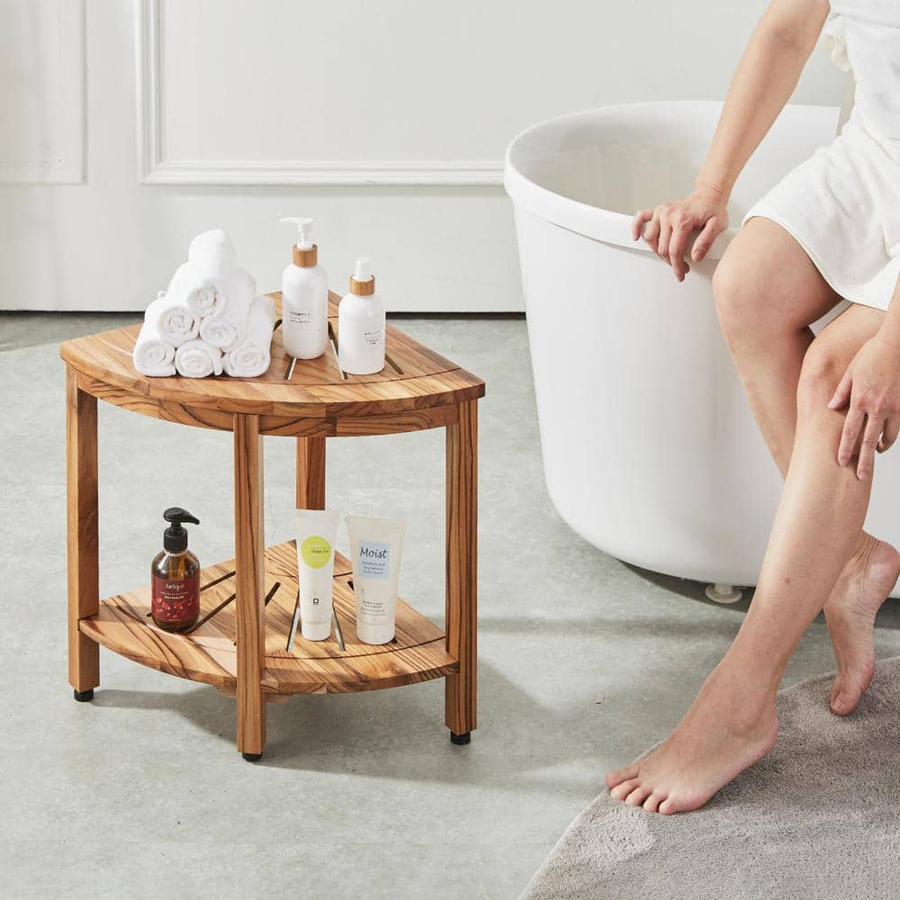 Teak Corner Shower Bench with Adjustable Rubber Feet