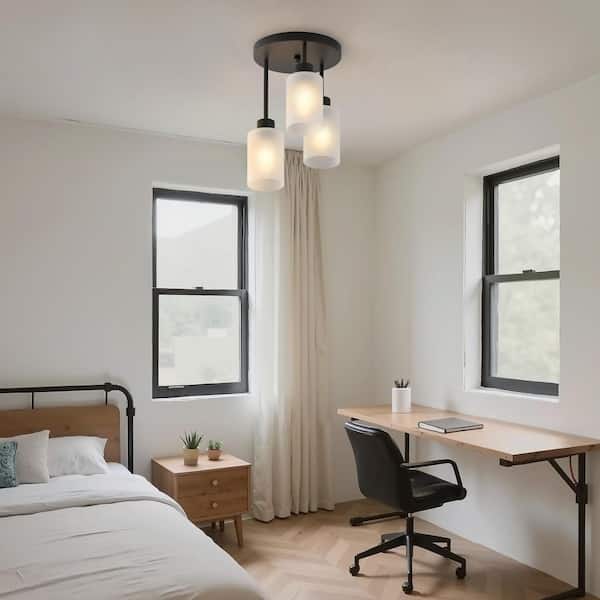 11.4 in. 3-Light Matte Black Semi-Flush Ceiling Light with Cylindrical Clear Acid-Washed Glass Shade E26 Socket
