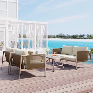 4-Piece Metal Outdoor Loveseat Patio Sofa Set with Beige Cushions and Toughened Glass Table