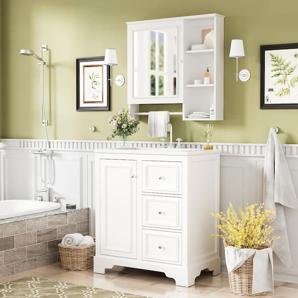 30 in. W x 22 in. D x 35.6 in. H One Sink Bath Vanity in White with White Marble Top Sink