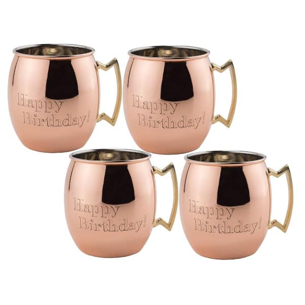 Old Dutch Happy Birthday 16 oz. Solid Copper Moscow Mule Mug with Nickel Lined and Lacquered (Set of 4)