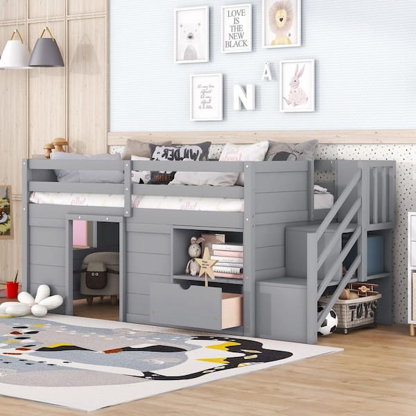 Magnolia Gray Twin Size Low Loft Bed with Stairs, Drawer, Shelves, Storage, Pine