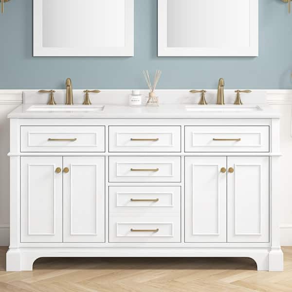 Home Decorators Collection Melpark 60 in. Double Sink White Bath Vanity with White Engineered Marble Top (Assembled)