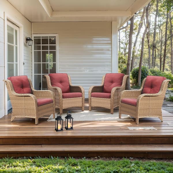 Curved Arm Patio Yellow Wicker Outdoor Lounge Chair with Red Olefin Cushions and Curved Armrest (4-Piece)