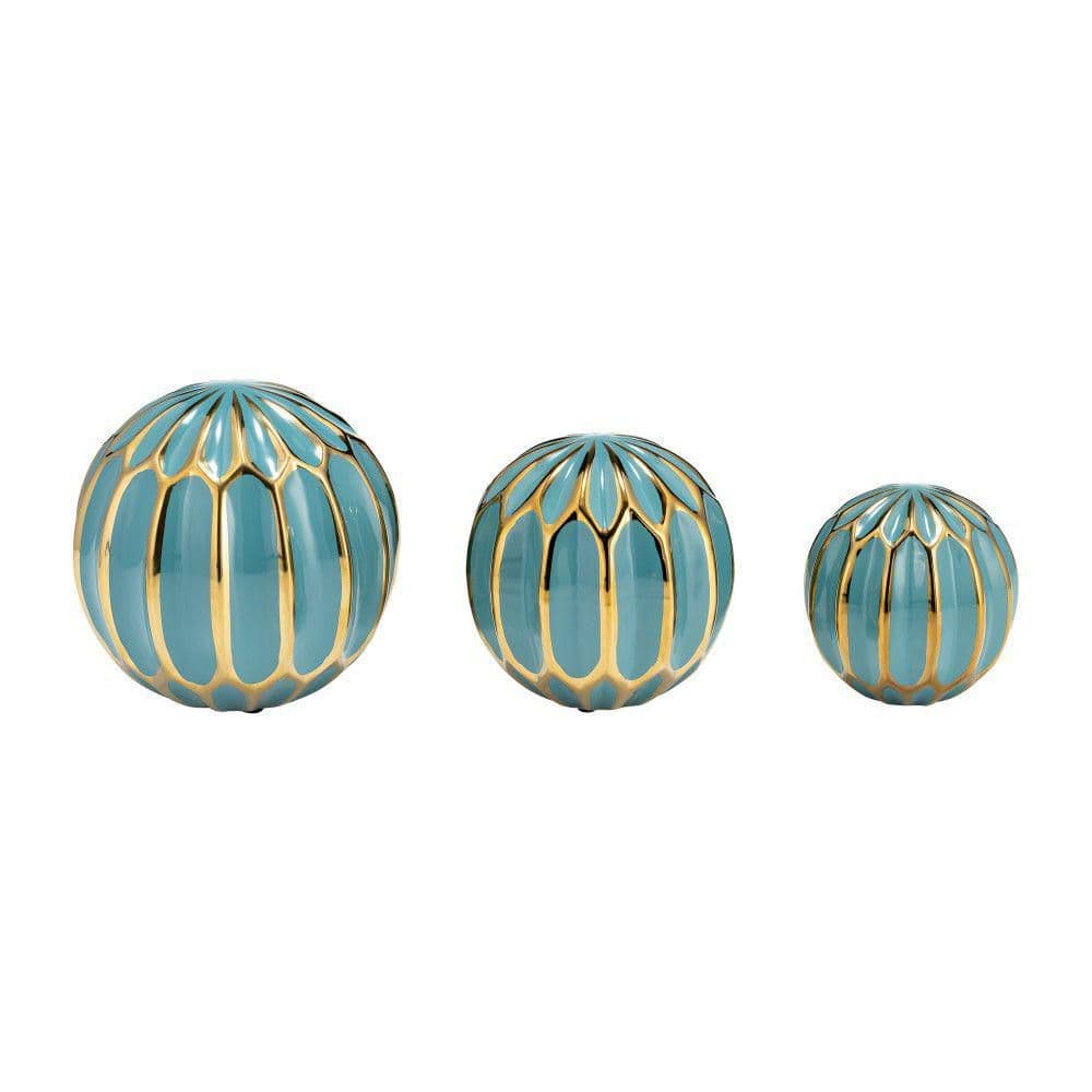Set of 3 Turquoise and Gold Ceramic Decorative Orbs