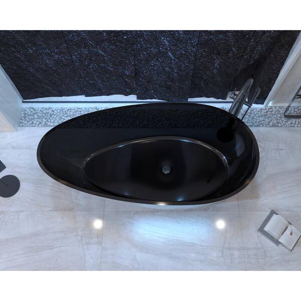 Moray 67 in. x 34 in. Stone Resin Flatbottom Solid Surface Freestanding Soaking Bathtub in Black with Brass Drain
