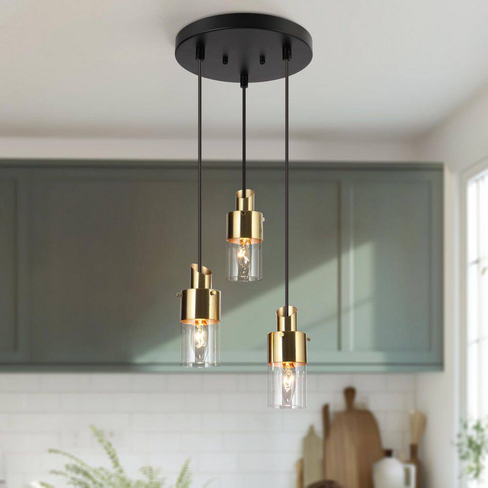 Coluse 3-Light Modern Black Chandelier, Transitional Brass Gold Adjustable Hanging Pendant with Cylinder Clear Glass price history on PriceWatchPro