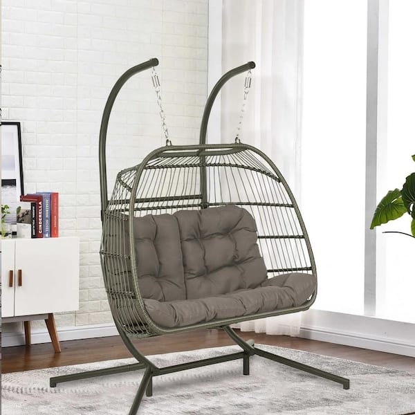 Maincraft 62.2 in. 2-Person Black Aluminum Swing Hanging Egg Chair with Gray cushions