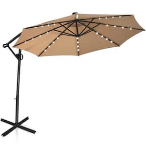 10 ft. Aluminum Cantilever Solar Tilt Patio Umbrella in Beige with LED Lights and Stand
