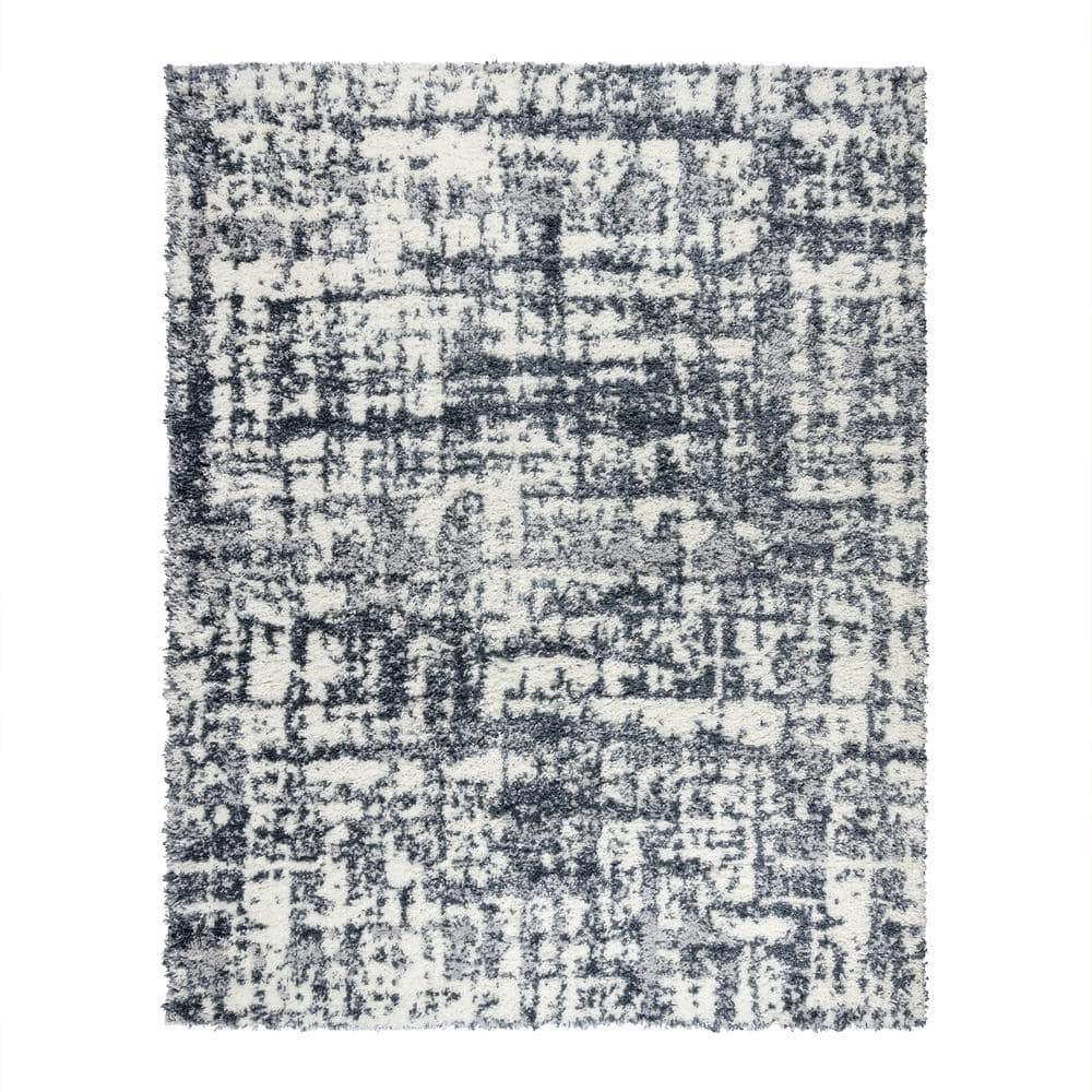 Gray and White Rectangular Synthetic Shag Area Rug, 9' x 12'