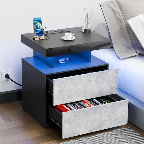 Hommpa Modern Gray/Black 2-Drawer 22.8 in. H x 19.7 in. W x 15.8 in. D Nightstand with Smart RGB LED Light Strip