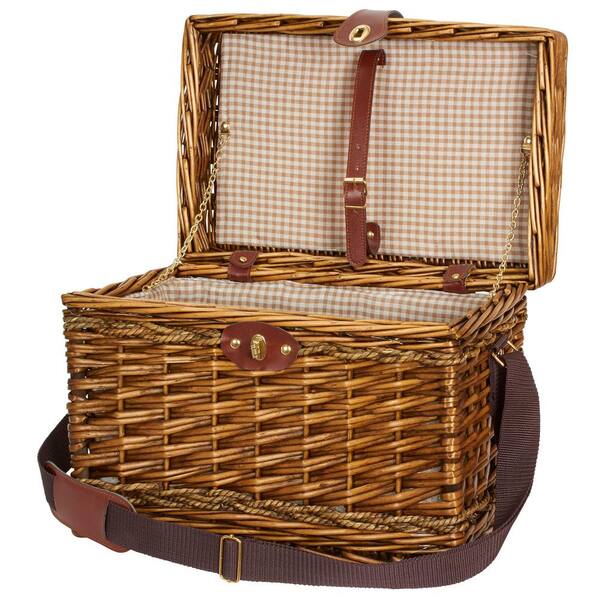 Household Essentials 11.8 in x 15.75 in Willow and Seagrass Picnic Basket with Tan Check Liner
