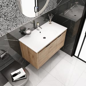 36 in. W Modern Floating Wall Mounted Bathroom Vanity with White Gel Sink and Drawer and door in Wooden