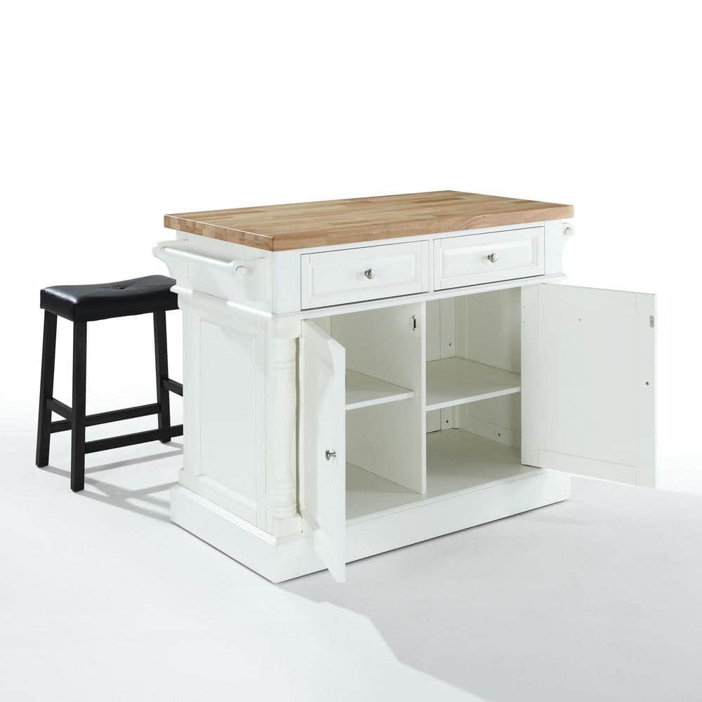 Oxford Solid Wood White Kitchen Island with Butcher Block and Saddle Stools
