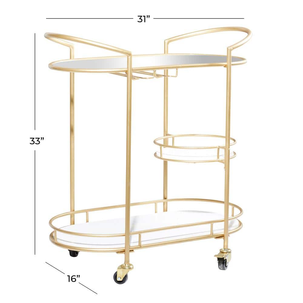Elegant Gold Oval 3-Tier Marble and Glass Bar Cart with Wheels