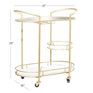 Gold Rolling 1 Glass and 2 Marble Shelves Bar Cart with Lockable Wheels and Mirrored Top