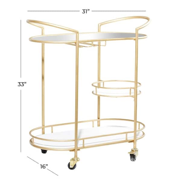 Gold Rolling 1 Glass and 2 Marble Shelves Bar Cart with Lockable Wheels and Mirrored Top