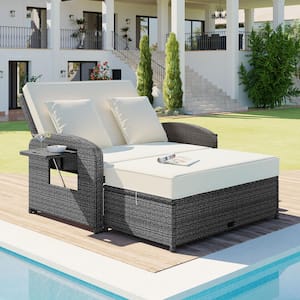 Grey Rattan Wicker Outdoor Double Chaise Lounge 2-Person Reclining Daybed with Adjustable Back and White Cushions
