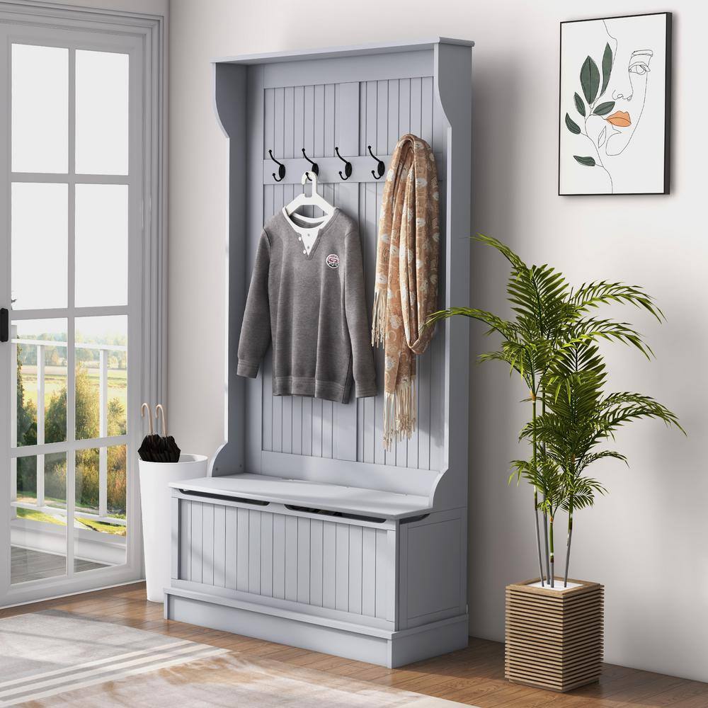 Gray Engineered Wood Hall Tree with Storage Bench and Metal Hooks