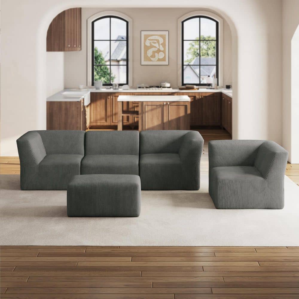 106.15 in. Square Arm 5-Piece Corduroy Modular Free Combination Sectional Sofa in Gray with Ottoman