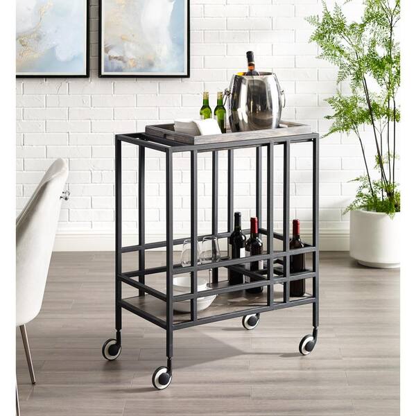 Inspired Home Mako Black Grey Bar Cart With Removable Serving Tray Bc123 09gr Hd The Home Depot