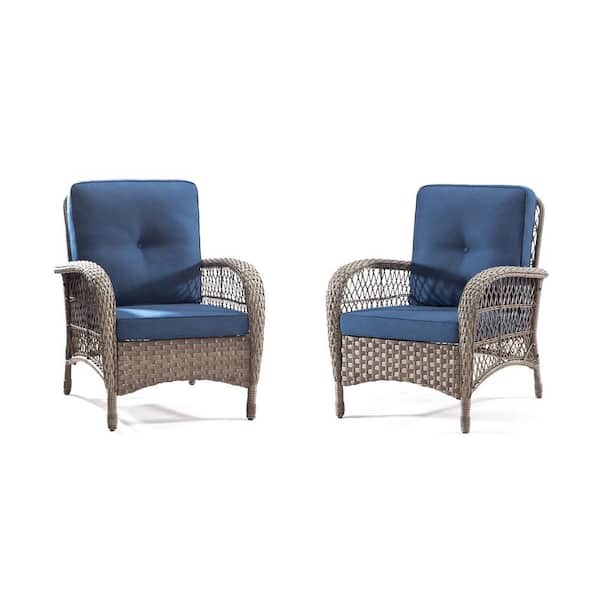 Sudzendf 2-Piece Brown Wicker Patio Lounge Chair with Blue Cushion