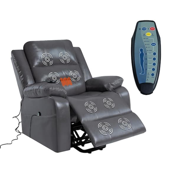 HOMESTOCK Faux Leather Power Lift Recliner Chair with Massage, Remote, Footrest, Studded and Tufted Detailing, Side Pocket - Gray