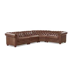 Aliso Sectional 139.5 in. W Rolled Arm 4-Piece Leather L-Shaped Chesterfield Sectional Sofa in Brown