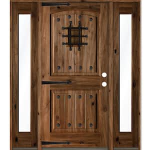 60 in. x 80 in. Mediterranean Knotty Alder Left-Hand/Inswing Clear Glass Provincial Stain Wood Prehung Front Door w/DFSL