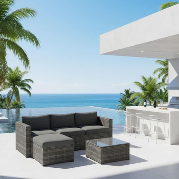 Zeus & Ruta 7-Piece Black Wicker Outdoor Sectional Set with Gray