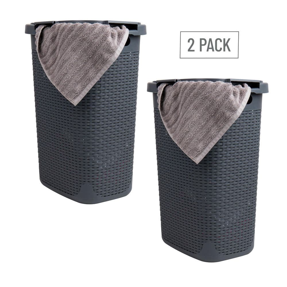 Gray Rectangle Wicker Style Plastic Laundry Hamper Set with Lid