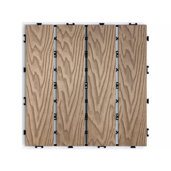 GOGEXX 11.8 in. W x 11.8 in. L Outdoor Striped Pattern WPC Composite Interlocking Flooring Deck Tiles (Set of 22) in Brown