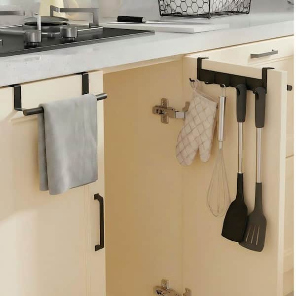 2-Piece Over the Door Towel Rack and Over Cabinet Towel Bar with 5-Hooks for Kitchen and Bathroom in Matte Black
