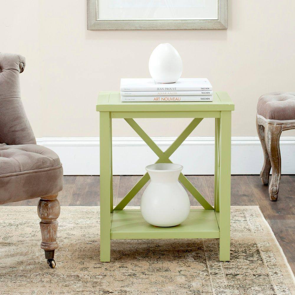 Avocado Green Rectangular Wood End Table with X Detailing