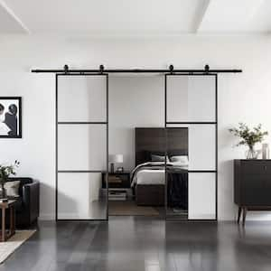 24 in. x 84 in. Full-lite Clear Glass Black Metal Frame Double Sliding Barn Door with Hardware Kit and Soft-close