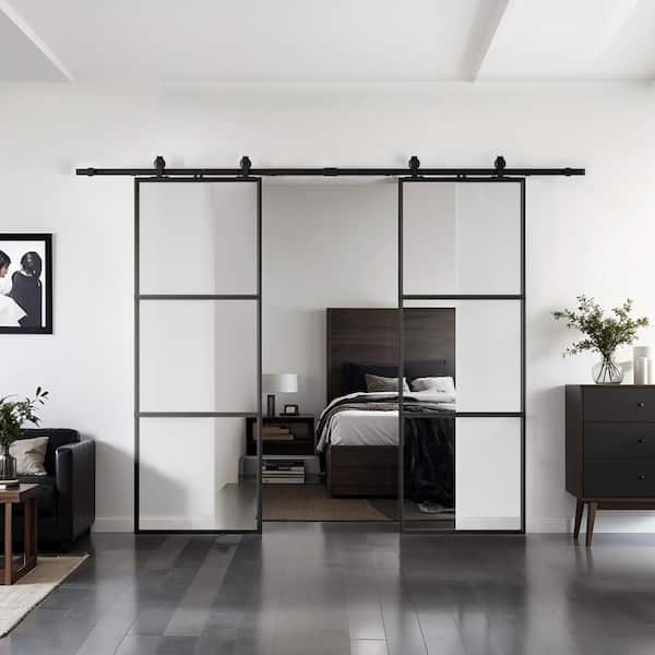 84 in. x 84 in. Full-lite Clear Glass Black Metal Frame Double Sliding Barn Door with Hardware Kit and Soft-close