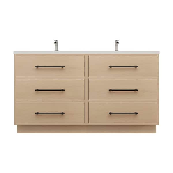 Victoria 59 in. W x 20 in. D x 35 in. H Double Sink Freestanding Yellow Oak Double Bath Vanity with White Acrylic Top