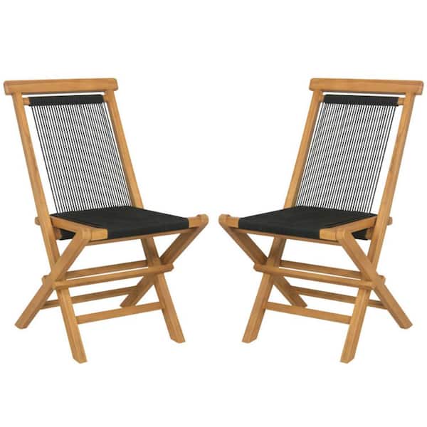 Set of 2 Natural Brown Teak Wood Patio Folding Dining Chairs with Back for Porch Backyard Poolside and Woven Rope Seat