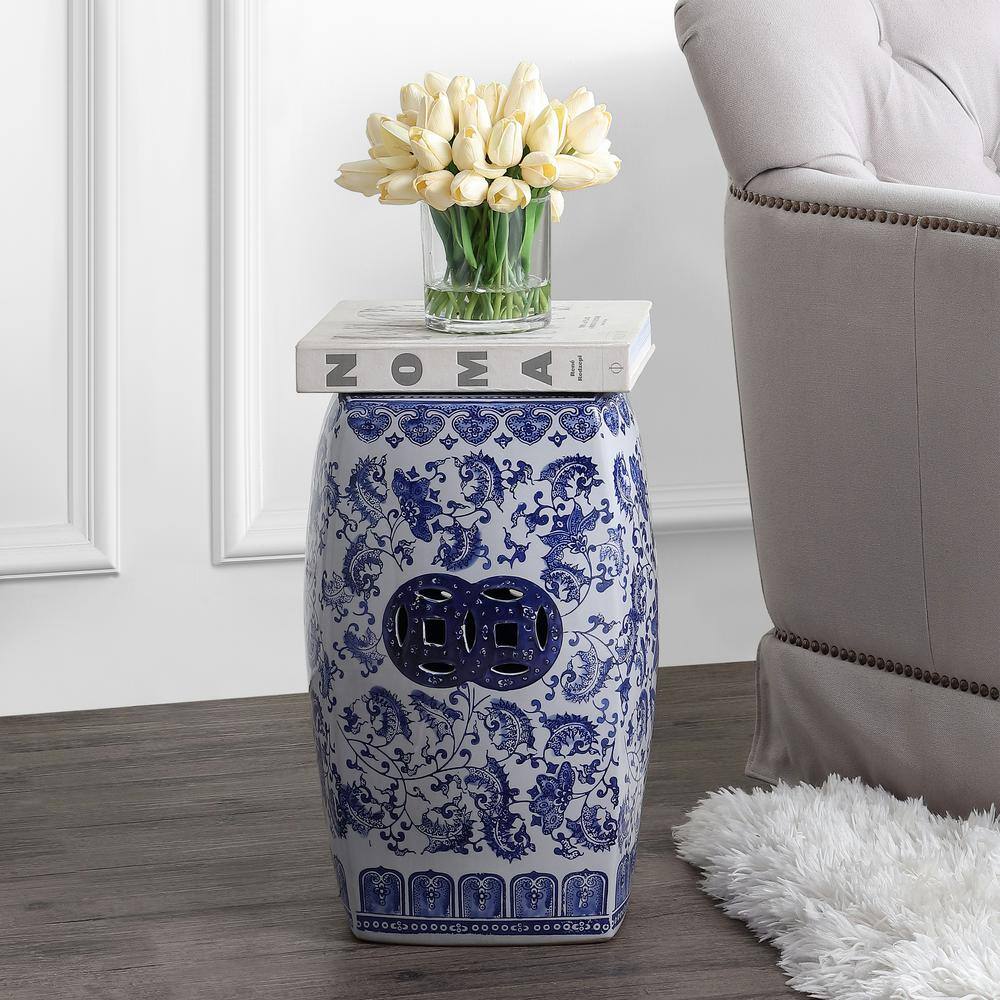 Chic Blue and White Chinoiserie Ceramic Square Garden Stool