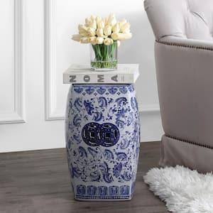 18.5 in. Blue/White Chinoiserie Floral Vine Ceramic Square Garden Stool