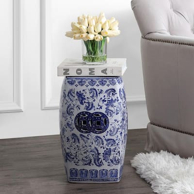 18.5 in. Blue/White Chinoiserie Floral Vine Ceramic Square Garden Stool