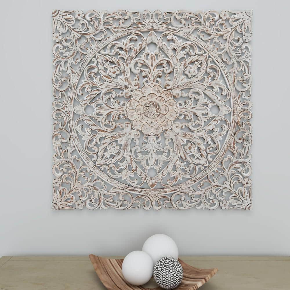 Brown and White Carved Floral Mandala Wood Wall Decor