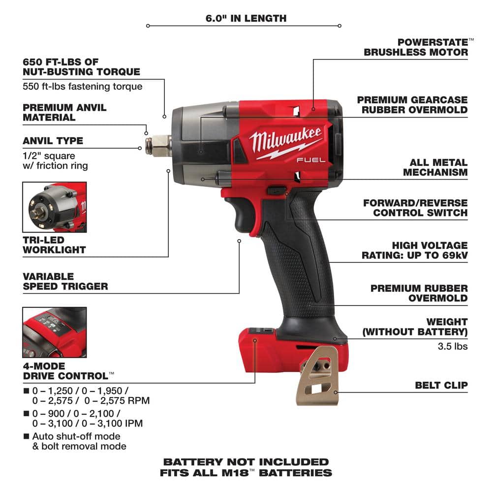 M18 FUEL Gen-2 18V Lithium-Ion Brushless Cordless Mid Torque 1/2 in. Impact Wrench w/Friction Ring (Tool-Only) - 2