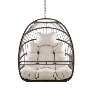 Indoor Outdoor Light Khaki Beige Swing Egg Basket Chair without Stand, with Cushion, Foldable Frame, Ceiling Hammock
