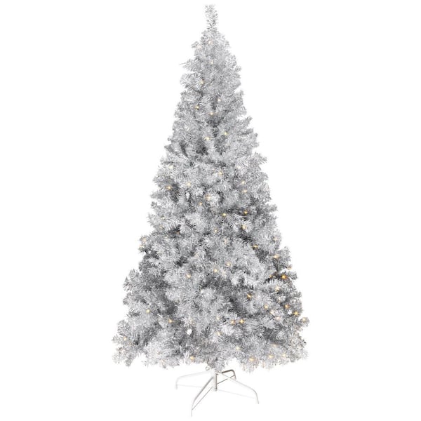 7' Silver Pre-Lit Tinsel Artificial Christmas Tree-Clear Lights