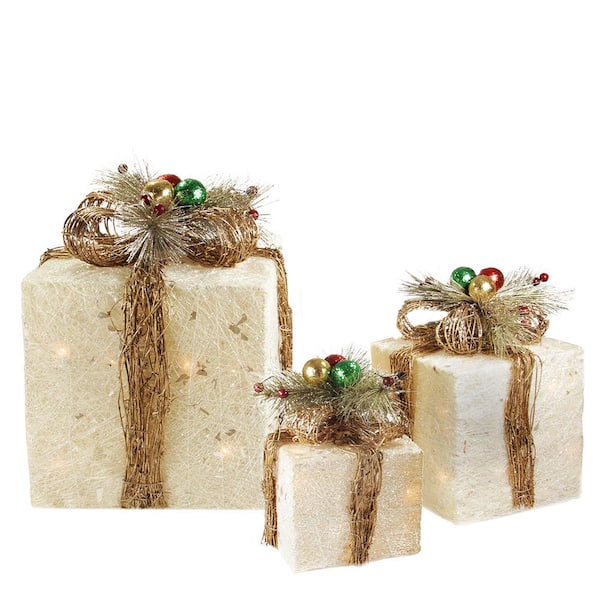 Northlight 12 in. Christmas Yard Art Decorations Lighted Cream and Gold Sisal Gift Boxes (3-Pack)