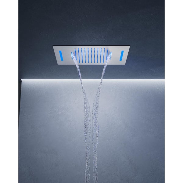Full Spectrum LED 7-Spray Ceiling Mount 23 in. x 15 in. Dual Fixed & Handheld Shower Head w/ Waterfall in Brushed Nickel