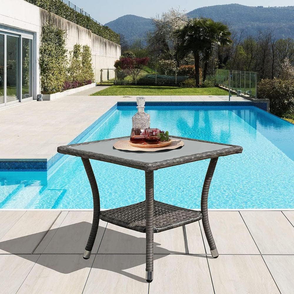 Grey Square Wicker Outdoor Side Table, Square Tempered Glass Top End Table 