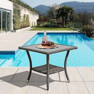 Grey Square Wicker Outdoor Side Table, Square Tempered Glass Top End Table with Storage