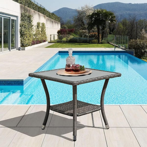 Unbranded Grey Square Wicker Outdoor Side Table, Square Tempered Glass Top End Table with Storage